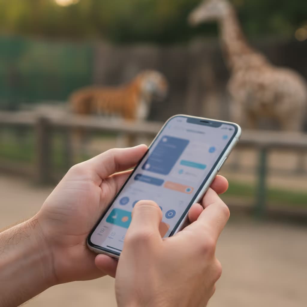 Close-up of user interacting with smartphone connected to Purple WiFi in Zoos setting