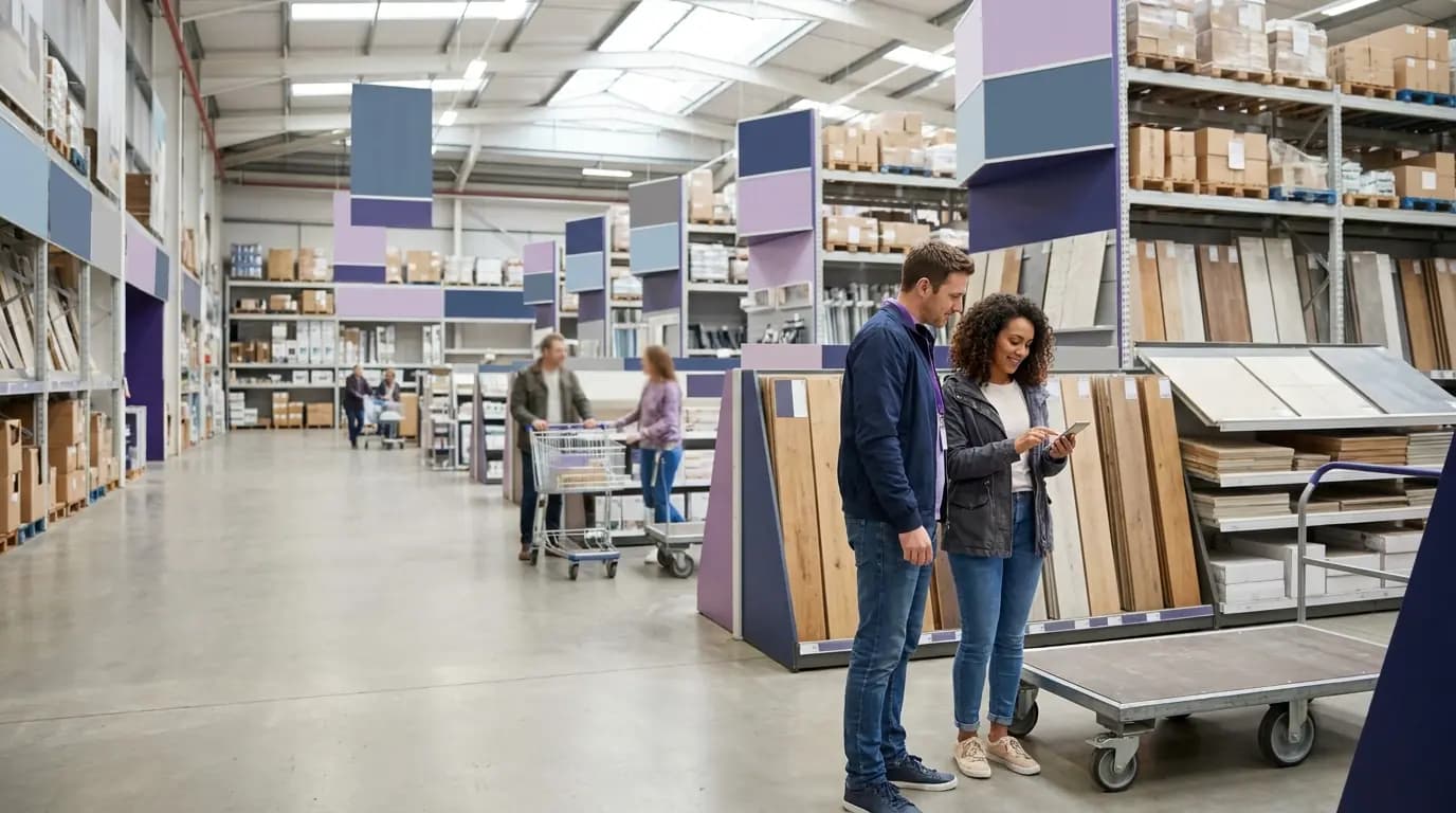 Shoppers with trolleys in the wide, bright aisle of a large home improvement store