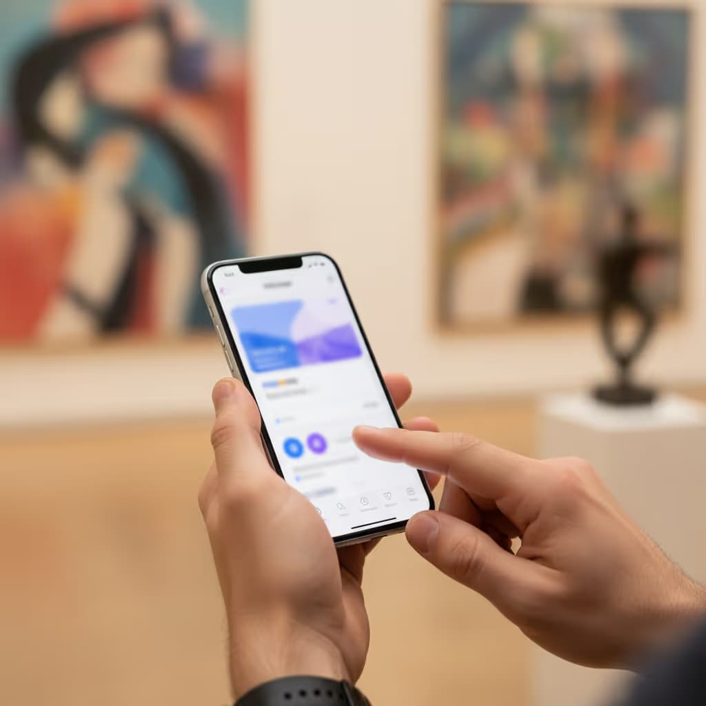 A person in an art gallery looking at their phone, which is displaying information about the artwork in front of them, demonstrating a positive guest WiFi experience.