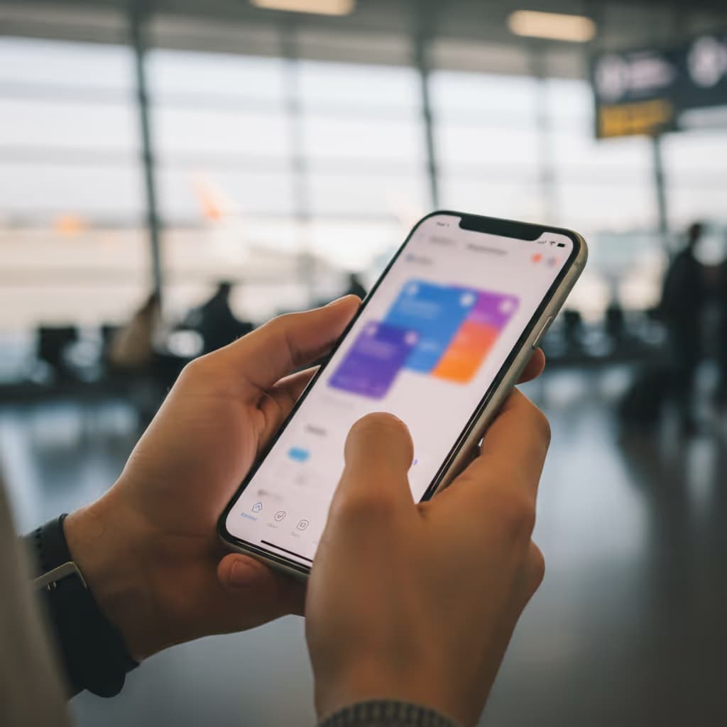 Close-up of user interacting with smartphone connected to Purple WiFi in Airports setting