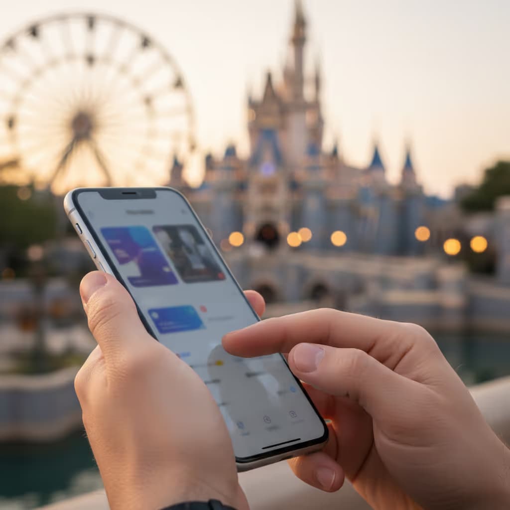 Close-up of user interacting with smartphone connected to Purple WiFi in Attractions setting