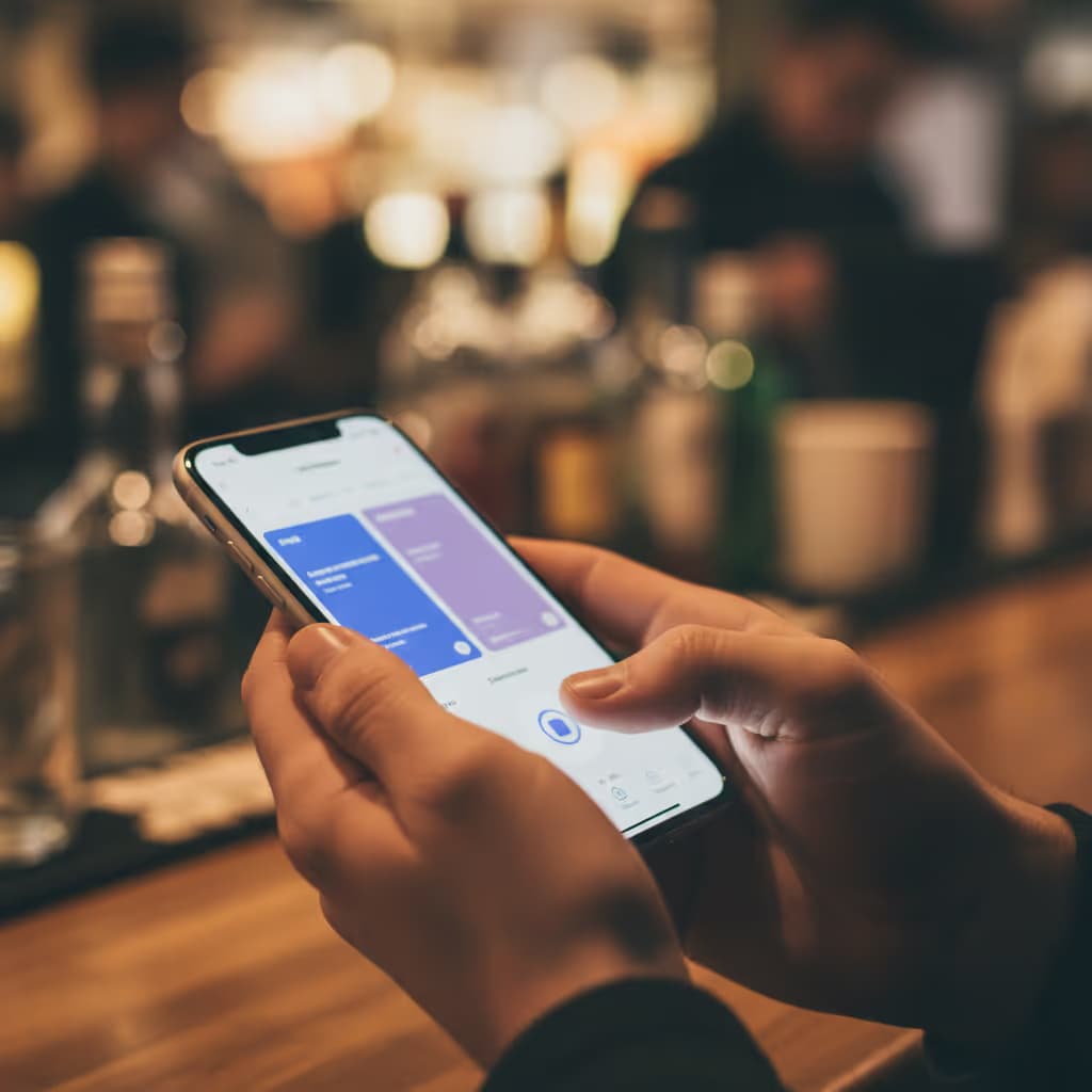 Close-up of user interacting with smartphone connected to Purple WiFi in Bars setting