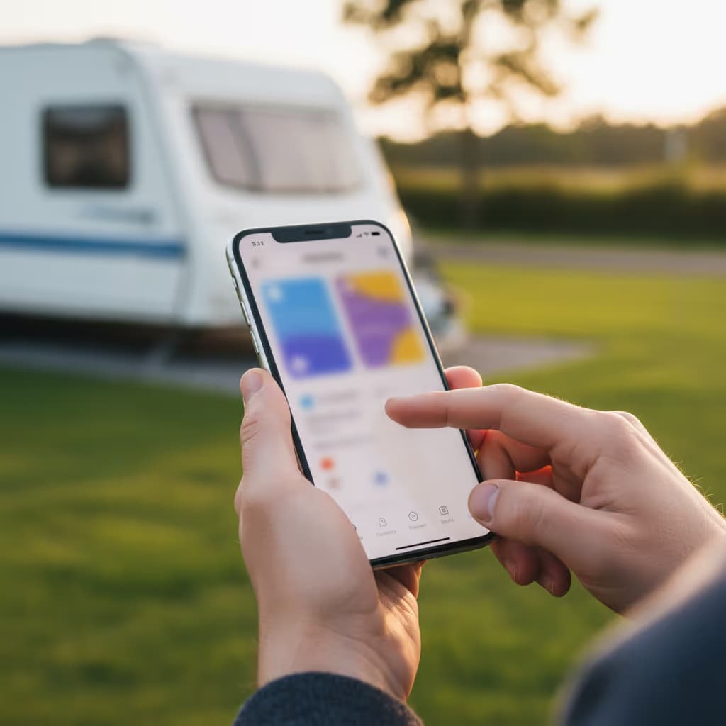 Close-up of user interacting with smartphone connected to Purple WiFi in Caravan Parks setting