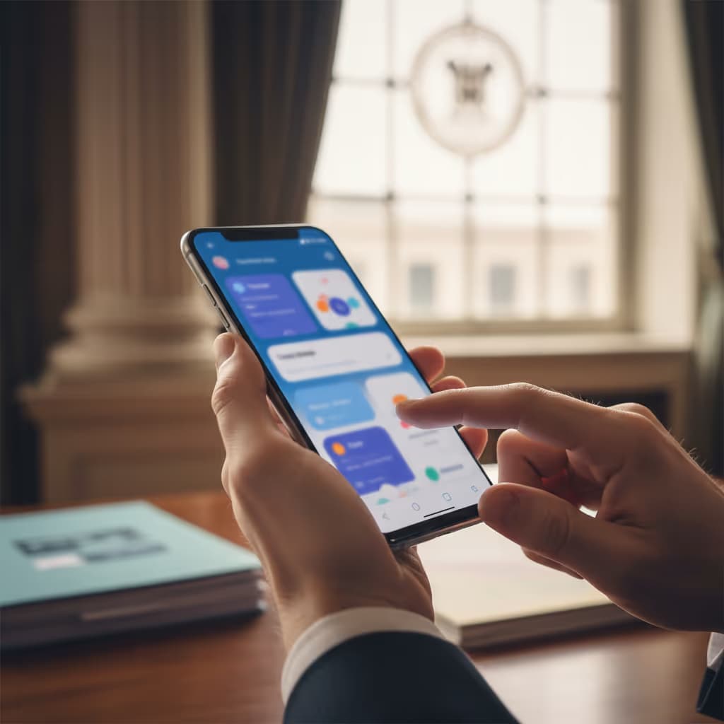 Close-up of user interacting with smartphone connected to Purple WiFi in Central Government setting