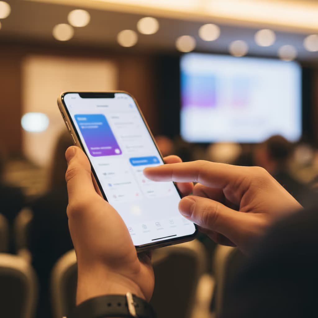 Close-up of user interacting with smartphone connected to Purple WiFi in Conference Centers setting