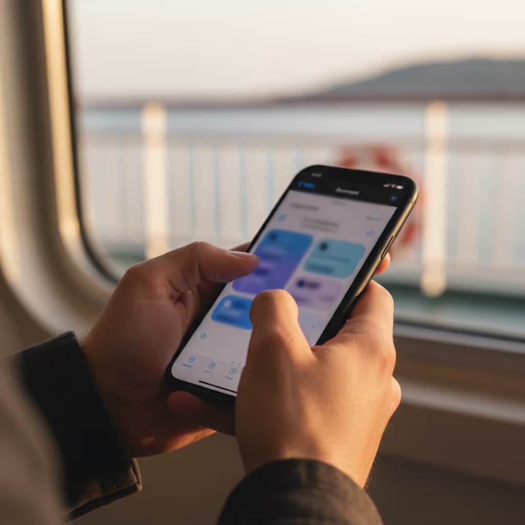 Close-up of user interacting with smartphone connected to Purple WiFi in Ferries setting