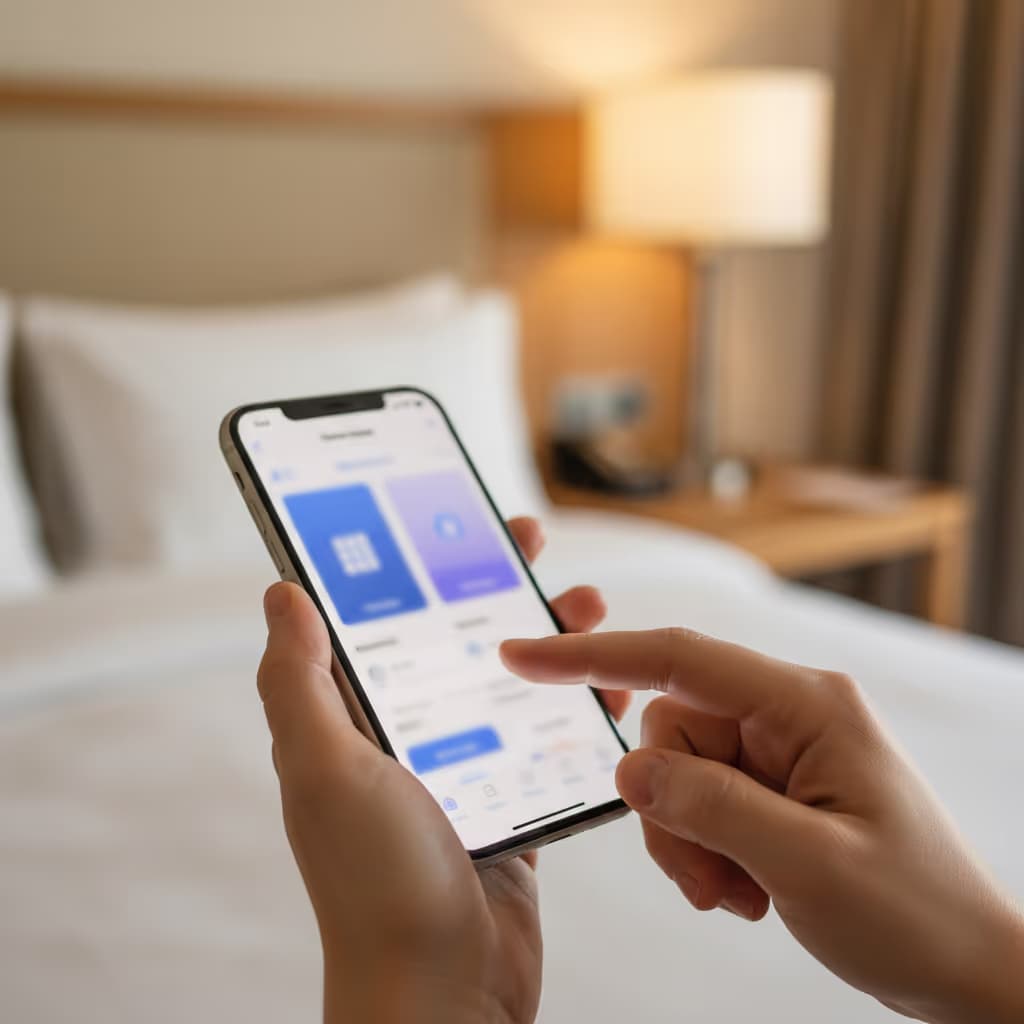 Close-up of user interacting with smartphone connected to Purple WiFi in Hotels setting