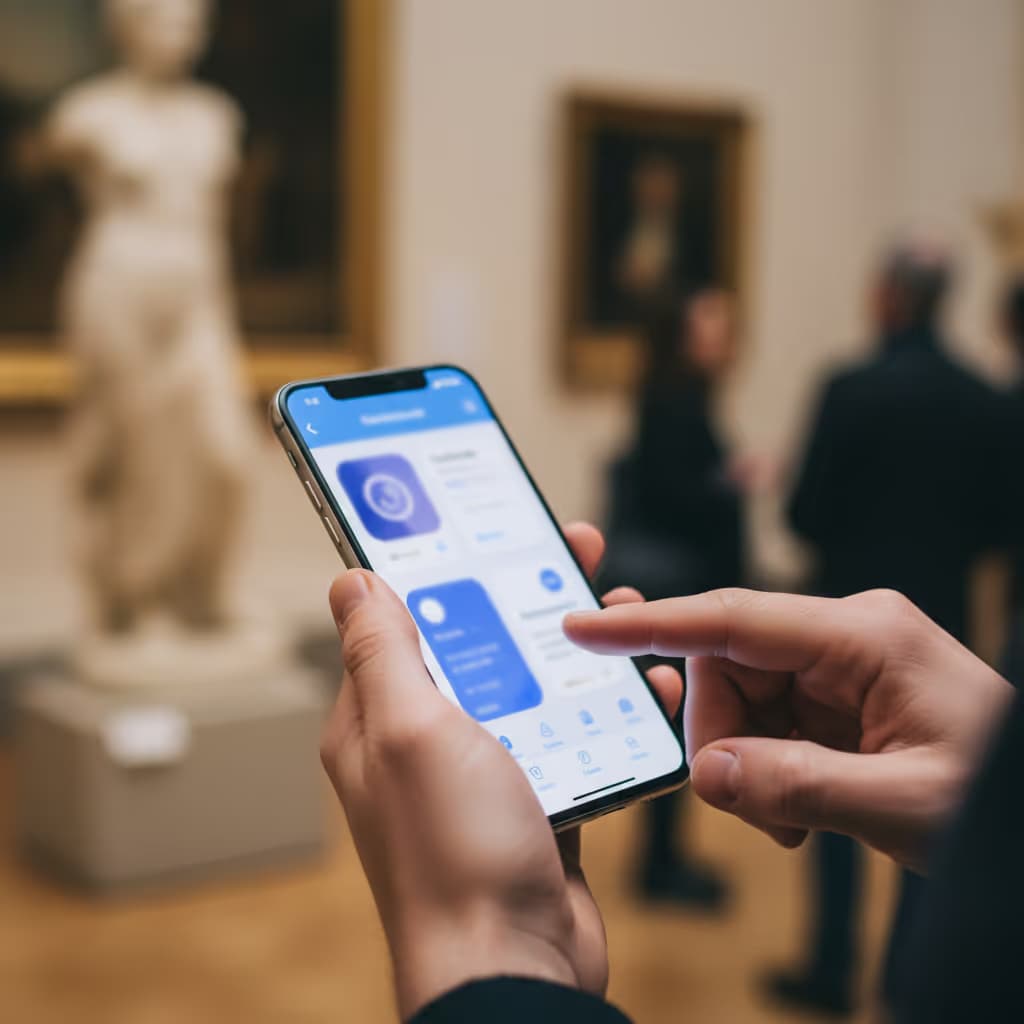 A person in a museum looking at their phone which is displaying information about an exhibit, demonstrating a good guest WiFi experience.