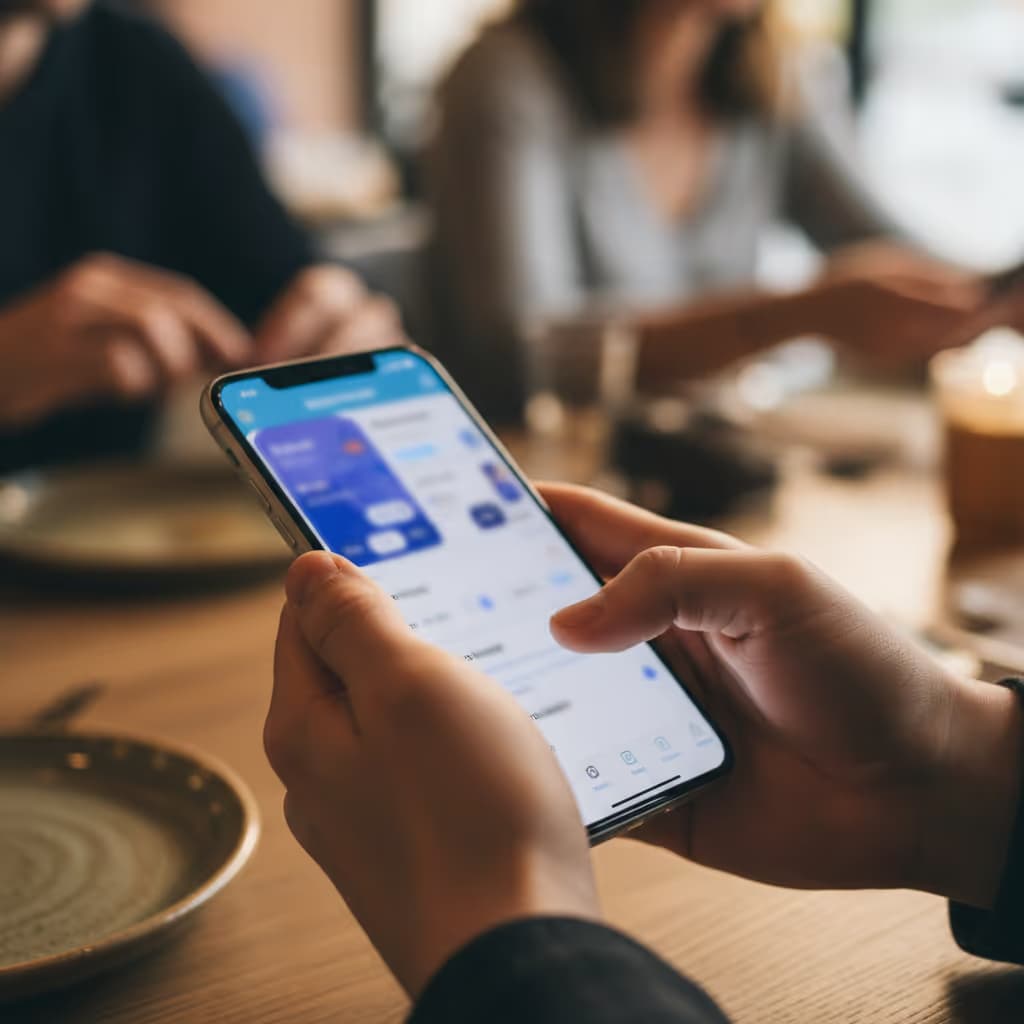 A diner using a smartphone to access guest WiFi in a modern restaurant setting.