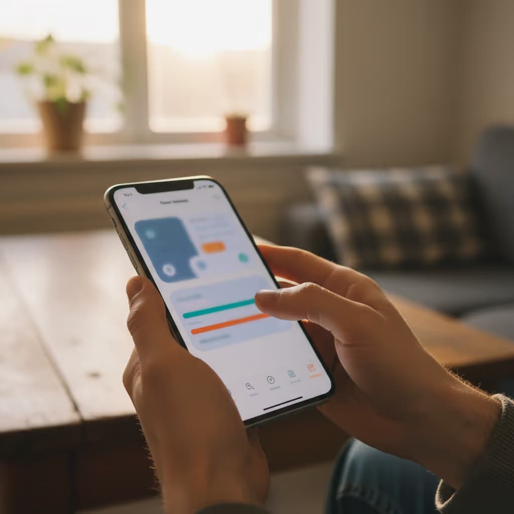 Close-up of user interacting with smartphone connected to Purple WiFi in Social Housing setting