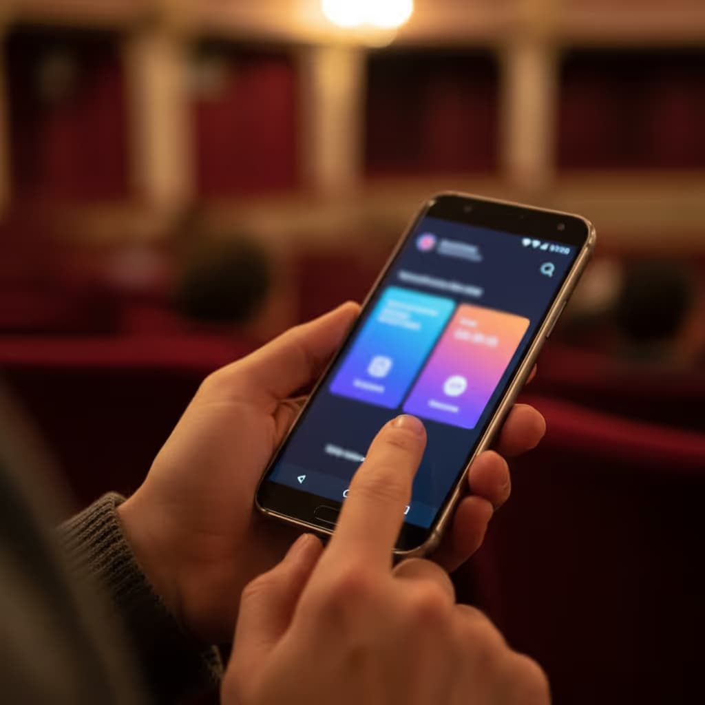 Close-up of user interacting with smartphone connected to Purple WiFi in Theaters setting