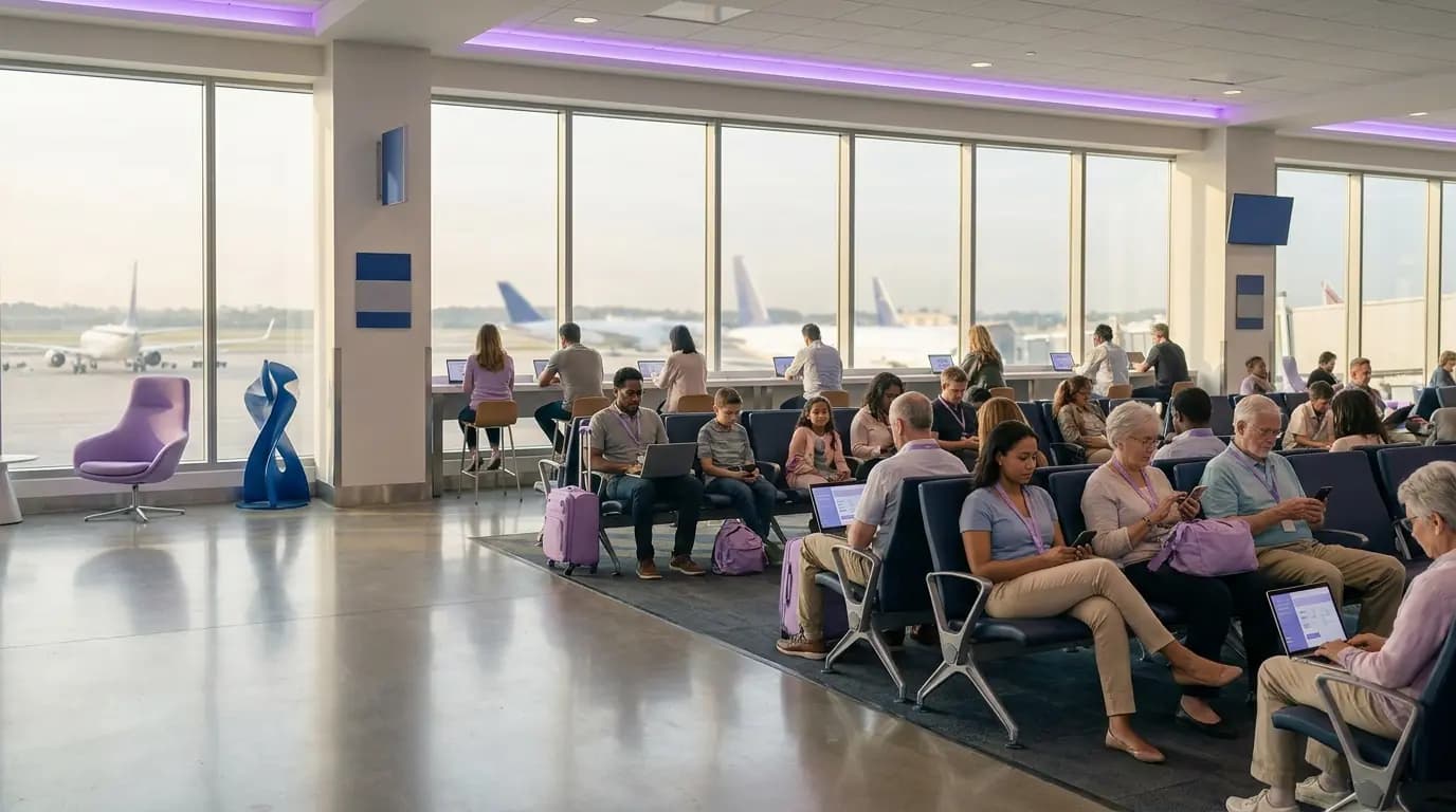 Passengers relaxing with phones and laptops in a bright airport departure lounge beside the windows