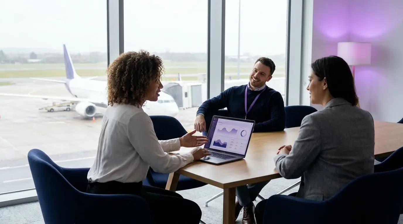 An airport commercial and IT team reviewing a passenger dashboard in an office overlooking the apron