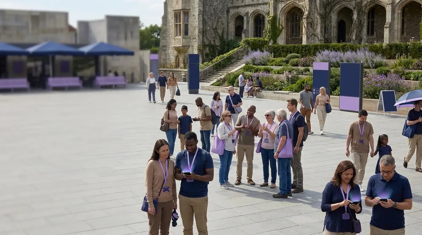 Families and groups of friends arriving at a busy visitor attraction, some holding phones