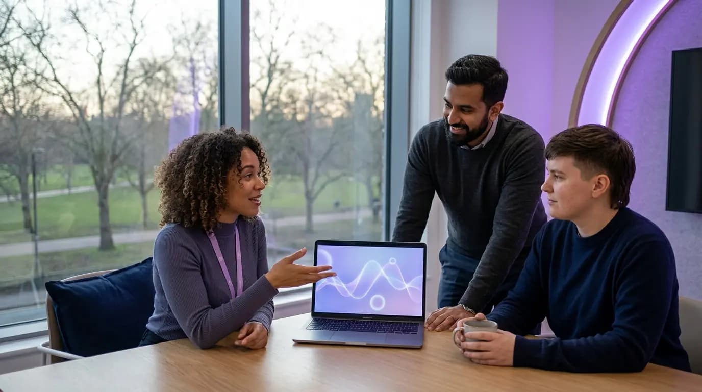 An attraction's marketing team reviewing visitor data on a dashboard in a quiet office overlooking the grounds