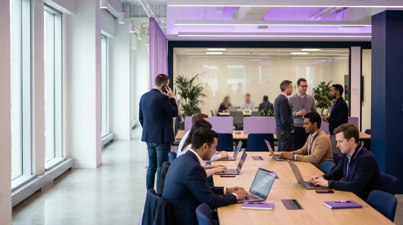 Employees working on laptops and phones in a bright open-plan office, with a glass-walled meeting room behind them