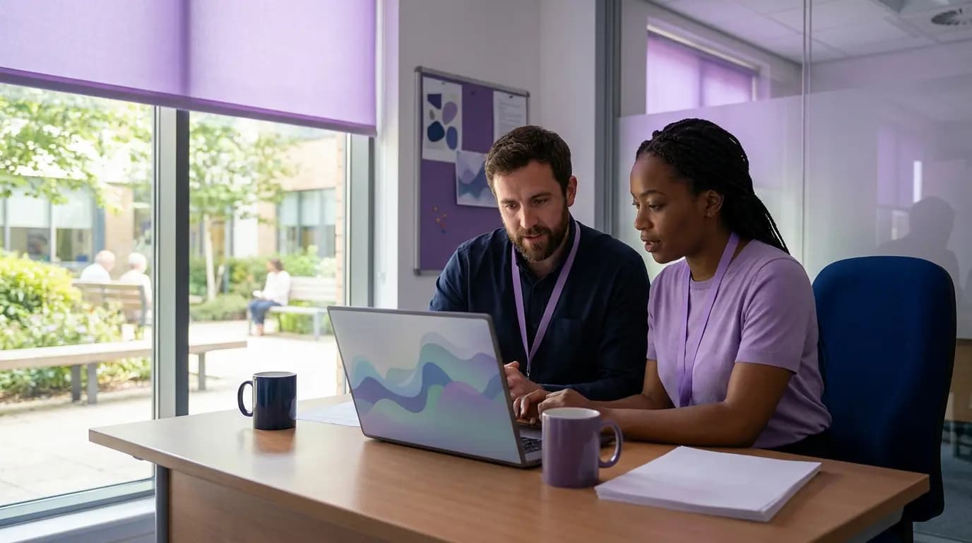 A hospital IT lead and a patient experience manager reviewing a network dashboard in a quiet office