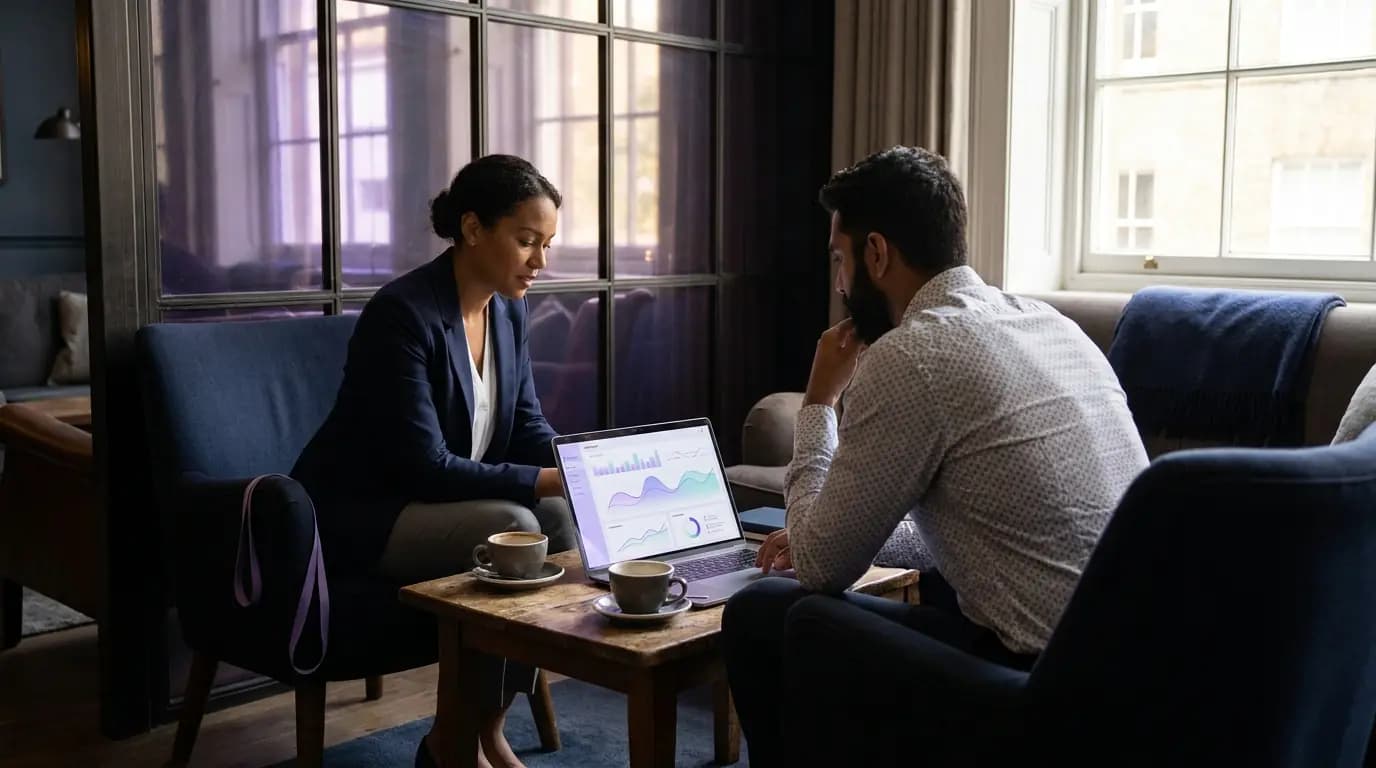 A hotel general manager and marketing lead reviewing a guest dashboard in a quiet lounge