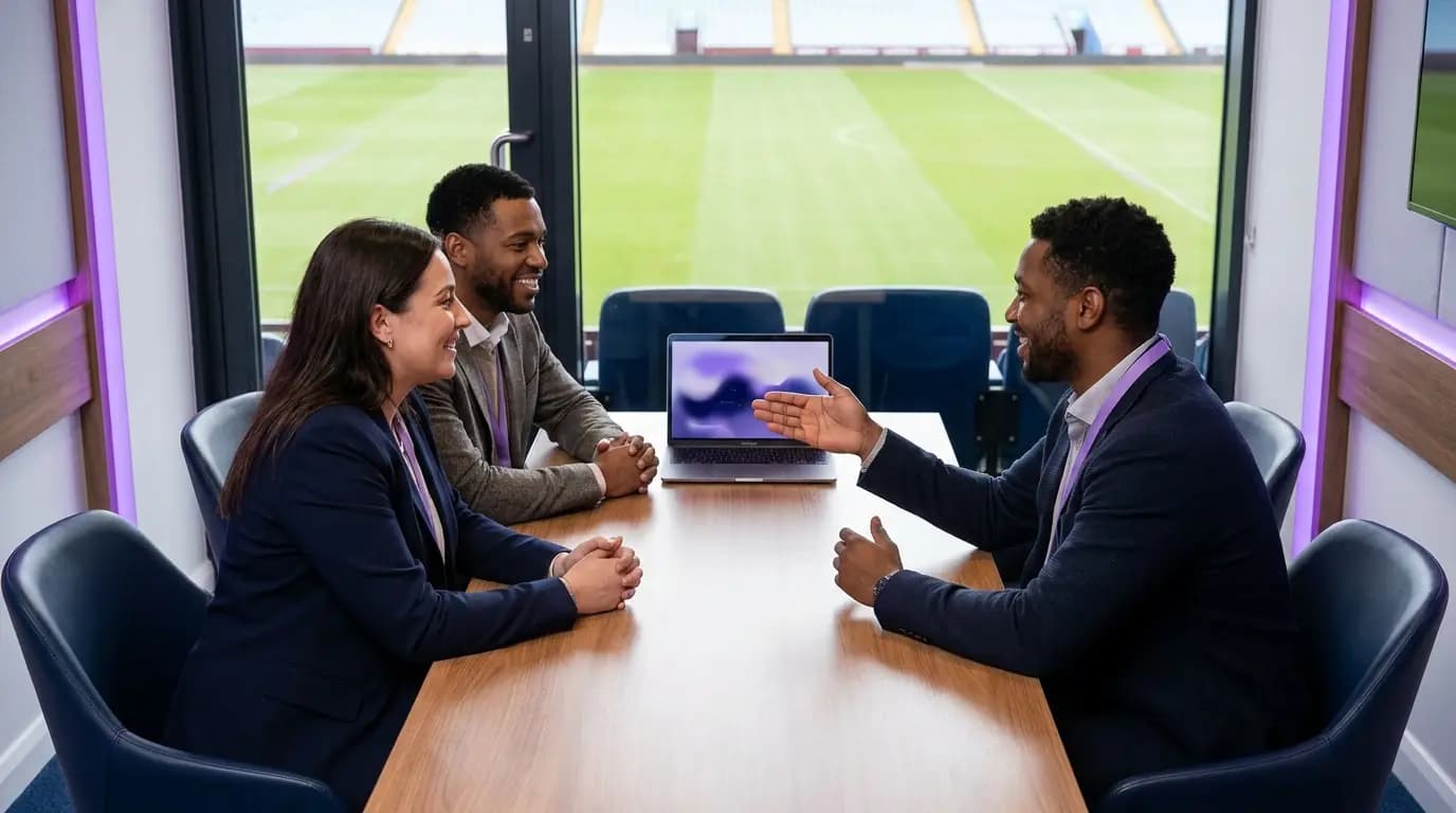 A stadium commercial team reviewing fan data on a dashboard in an empty hospitality suite