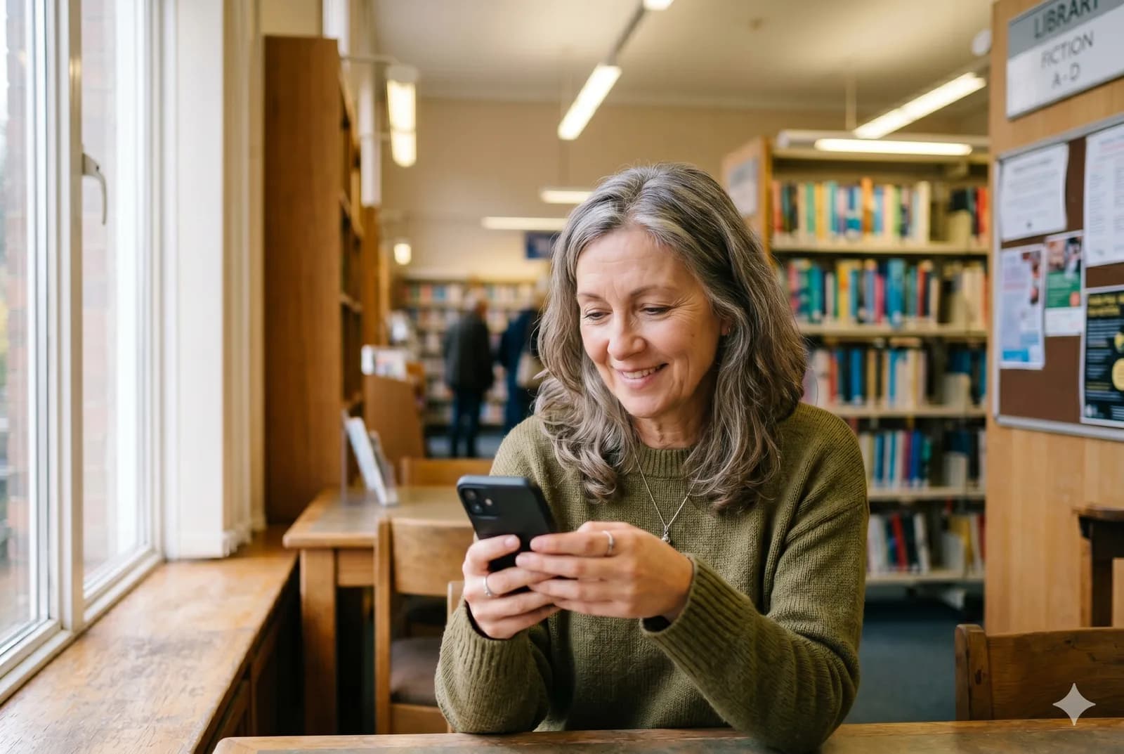 Resident smiling while using public WiFi on her phone in a UK library