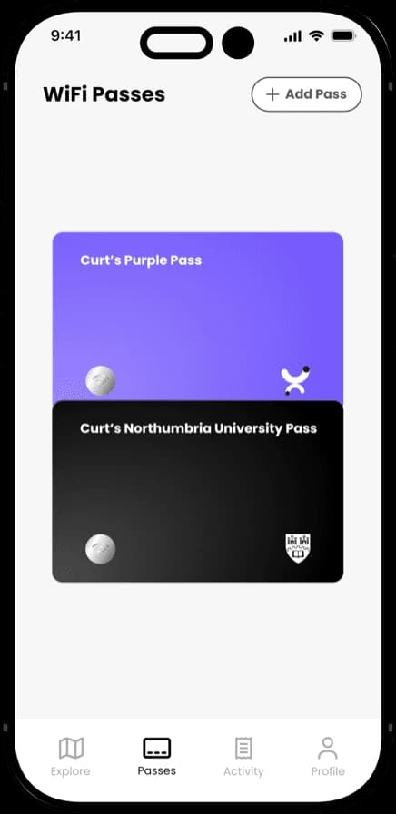 The Purple University App showing a digital student ID and campus WiFi pass