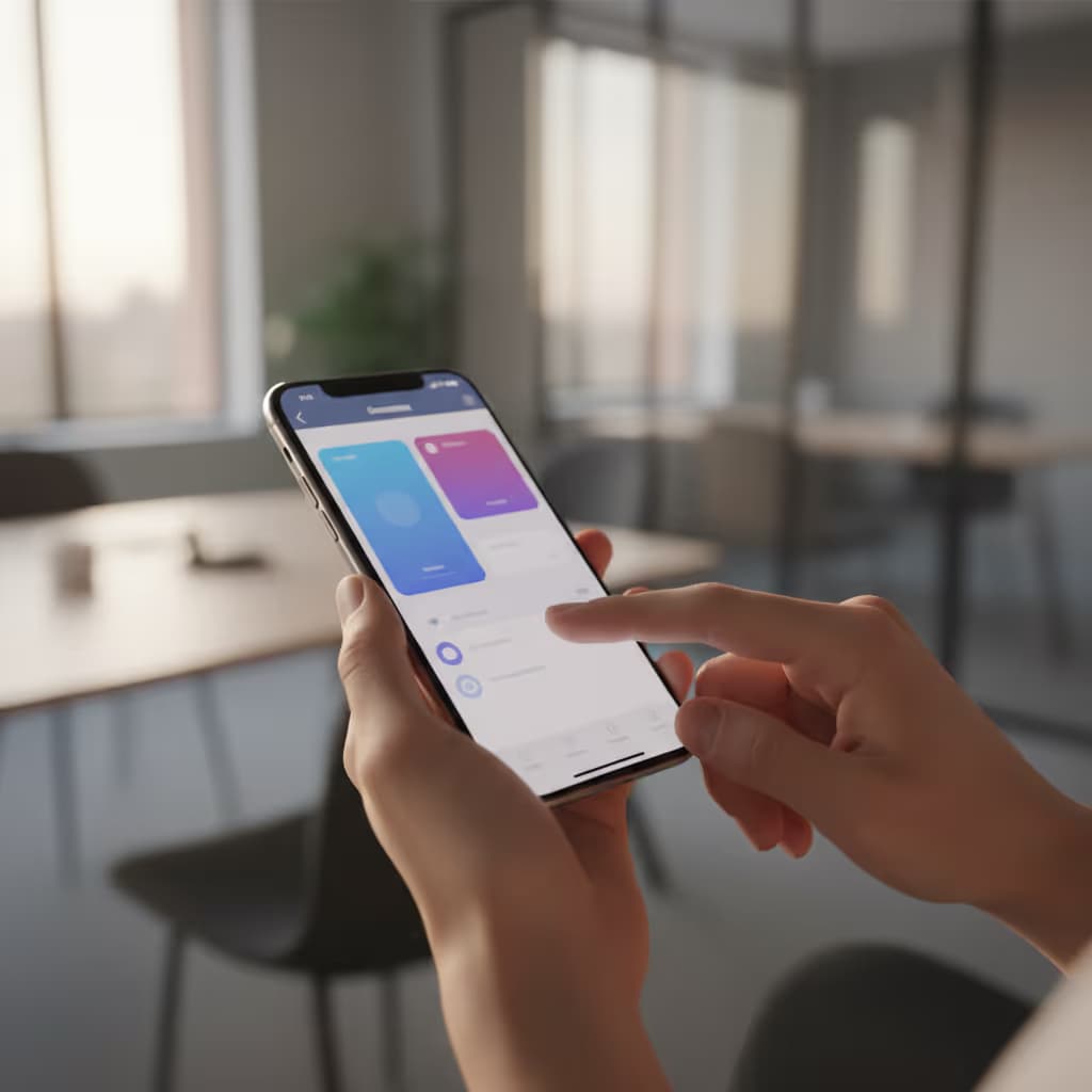 A person interacting with a digital interface in a modern office setting.
