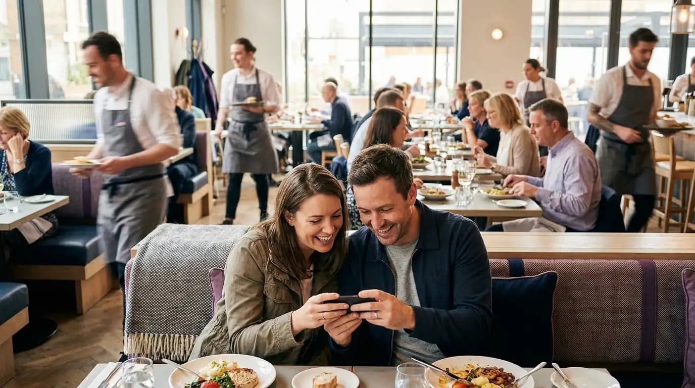 A busy restaurant at lunchtime, with guests connecting to the WiFi on their phones