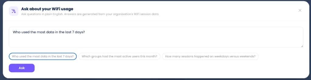 Purple staff WiFi analytics: Ask about your WiFi usage plain English AI query card interface
