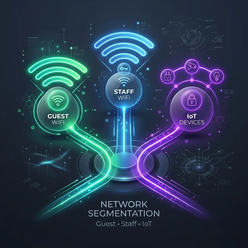 Three WiFi SSIDs - an open guest portal network, a WPA2/3-Enterprise network for staff and secure guests, and an xPSK network for tills, screens, printers and IoT devices