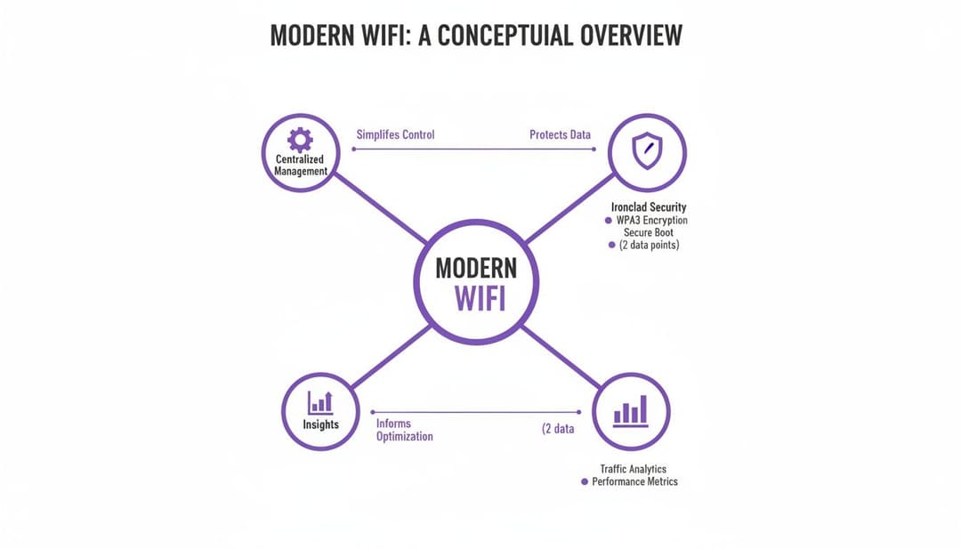 A conceptual overview diagram of Modern WiFi, highlighting centralized management, ironclad security, traffic analytics, and insights.
