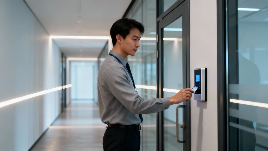 Professional man scanning access card on a security system in a modern office hallway.