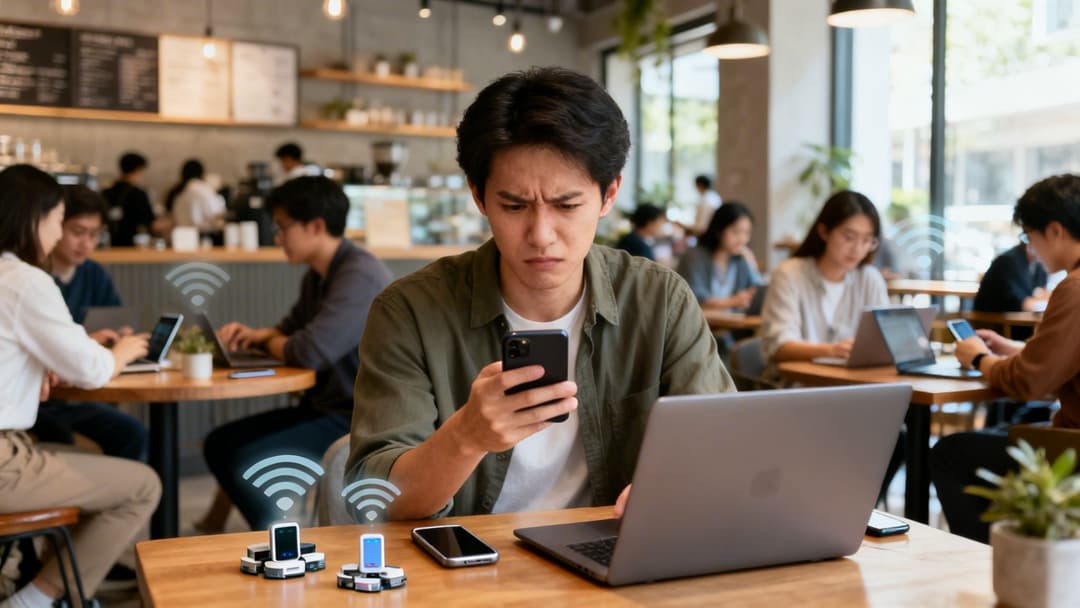 Frustrated young man experiences slow Wi-Fi on his phone and laptop in a busy cafe.