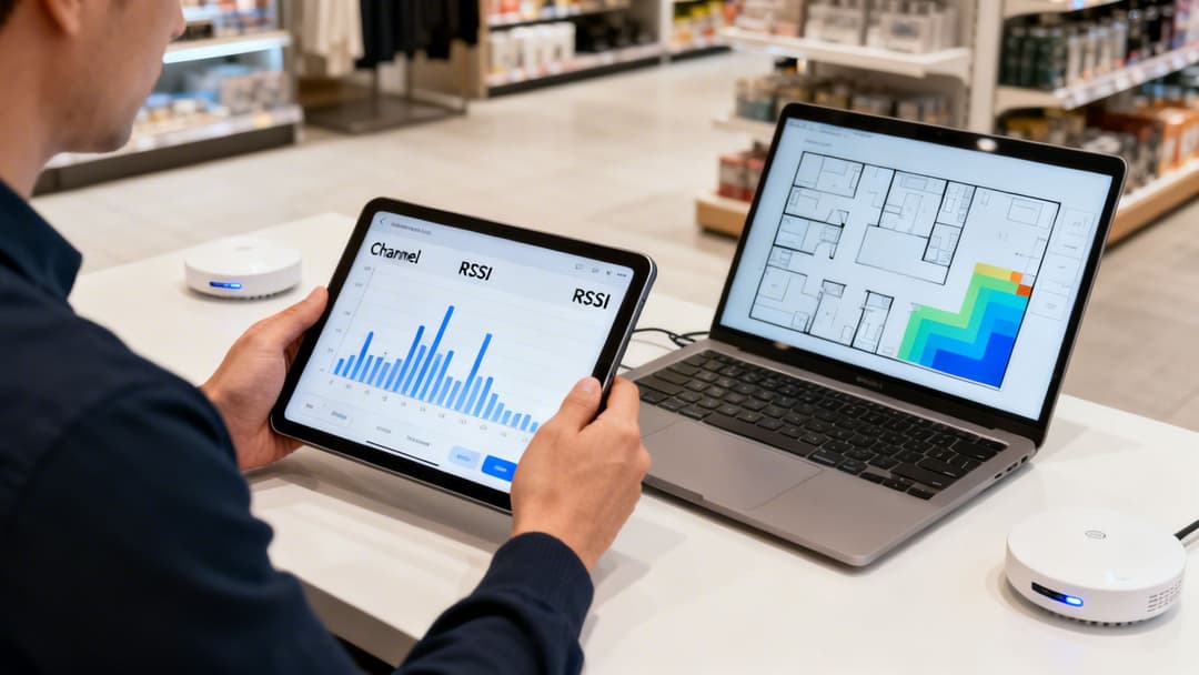 Person analyses Wi-Fi signal strength on a tablet showing channels and a laptop with a floor plan heatmap.