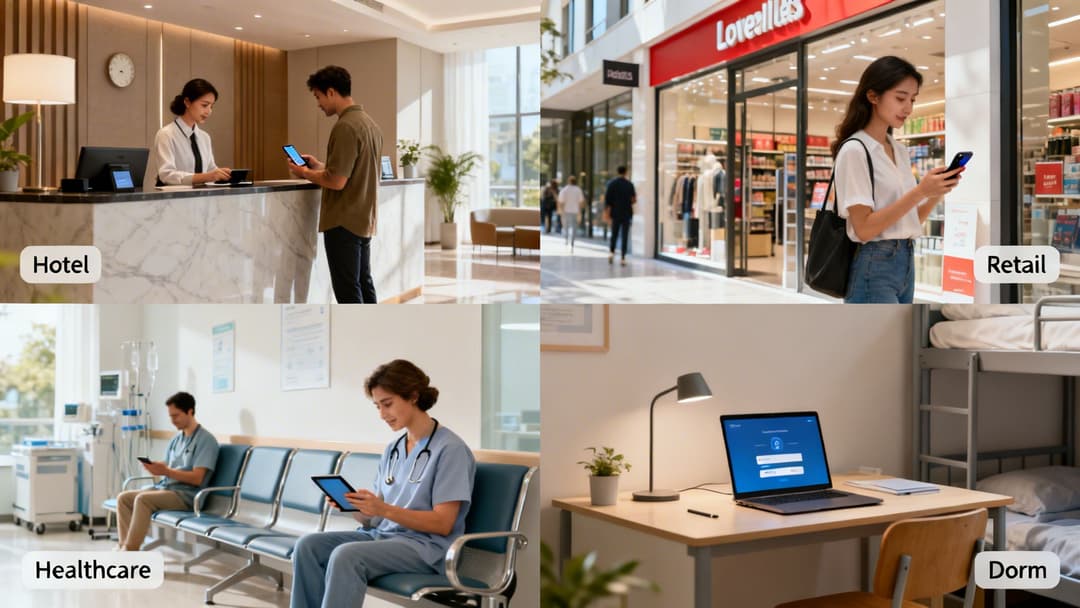 Diverse settings, including a hotel, retail store, healthcare facility, and student room, with people using digital devices.