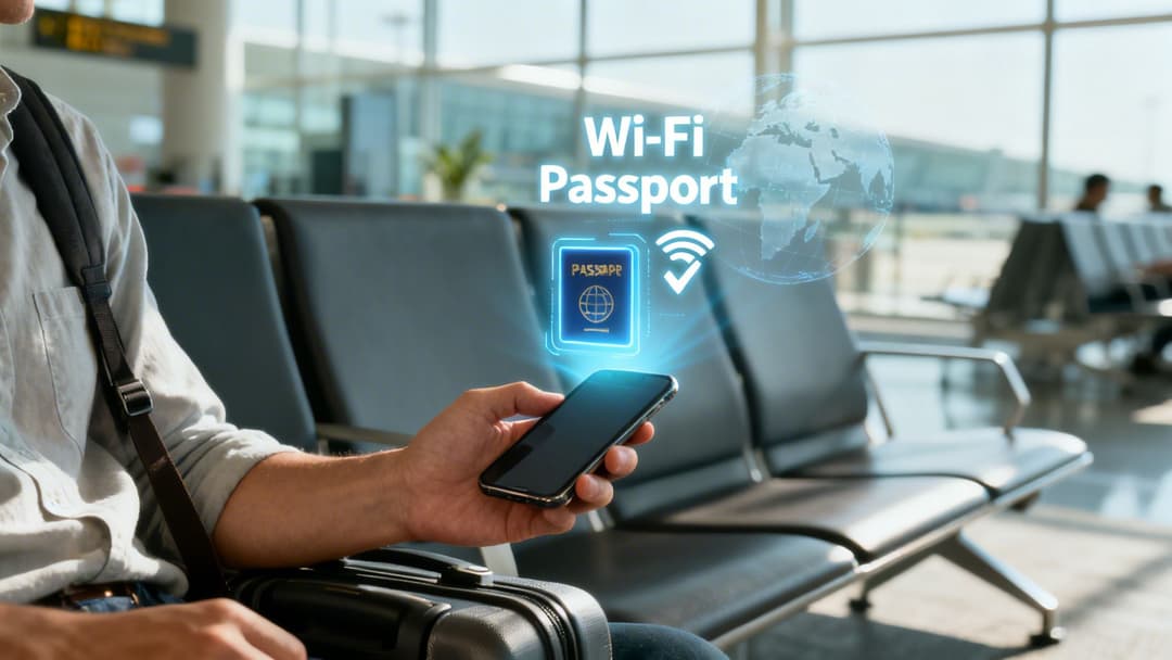 Traveller in an airport using a phone displaying 'WiFi Passport' for digital identity and connectivity.