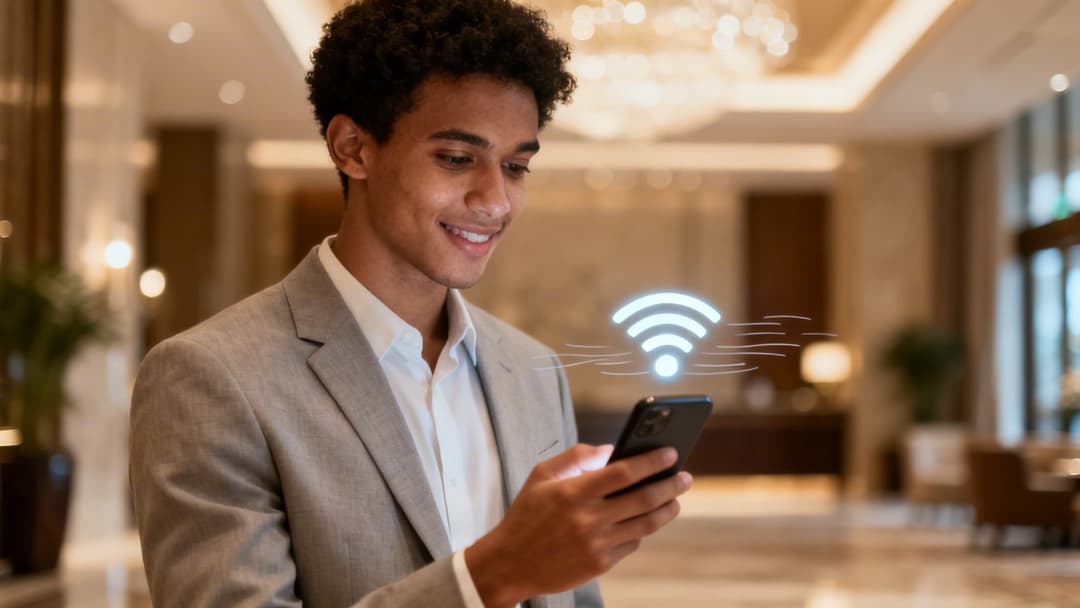 Smiling young man in a suit using a smartphone with a glowing WiFi symbol in a modern lobby.