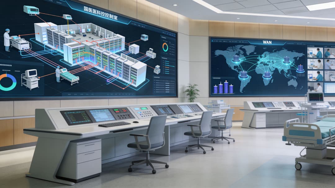A high-tech hospital command center featuring digital screens displaying network infrastructure, medical data, and global communication maps.