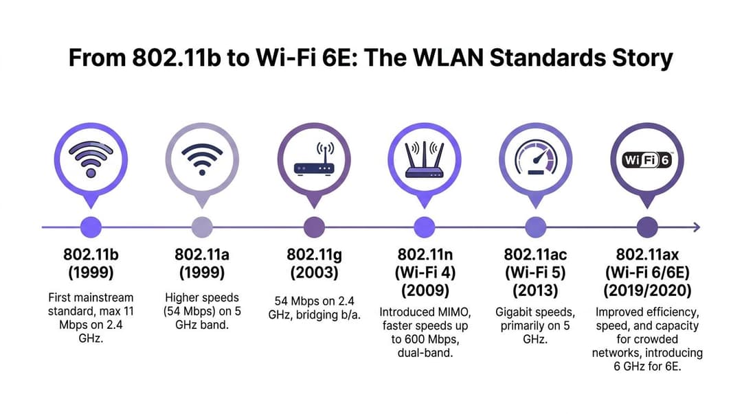 A timeline graphic illustrating the evolution of Wi-Fi standards from 802.11b in 1999 to Wi-Fi 6E in 2020.