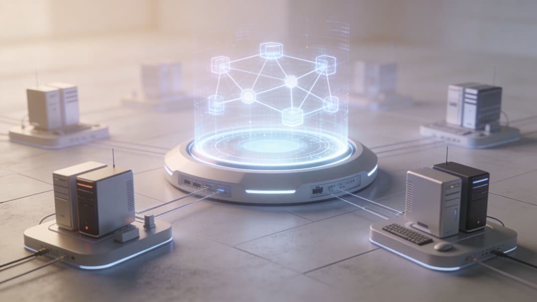 A central futuristic server hub connecting multiple desktop computer workstations in a high-tech digital network environment.