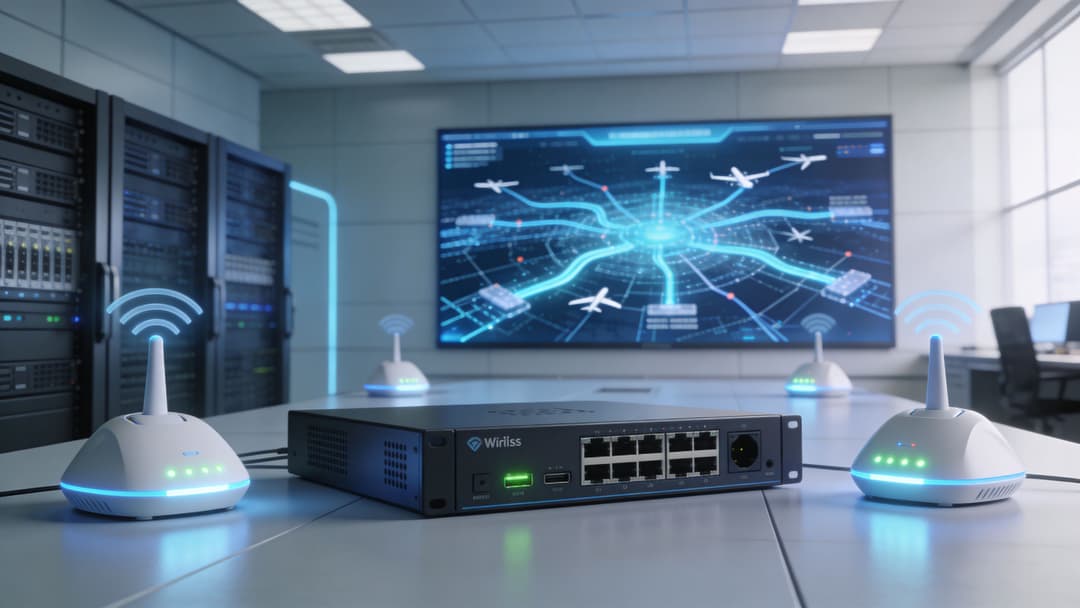 A Wirilss network router connected to several wireless access points in a modern server room office setting.