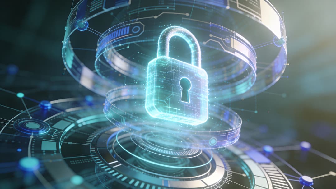 A glowing digital padlock icon floating above a complex, high-tech holographic interface representing data security and encryption.