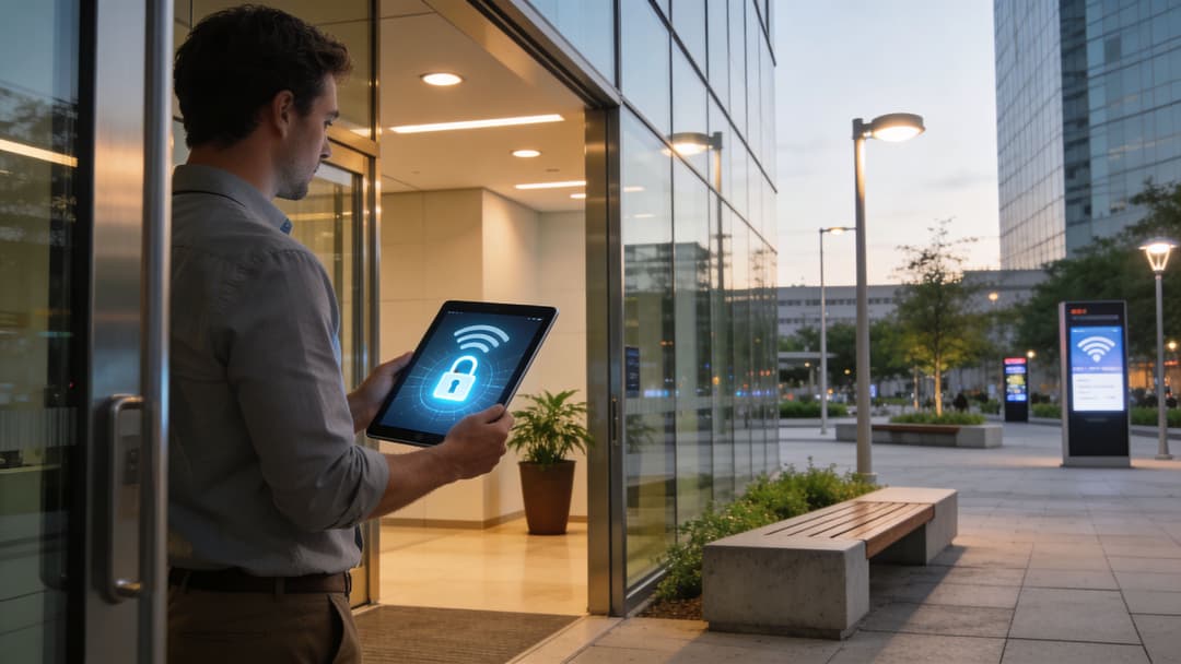 A professional man holding a tablet with a security lock and WiFi icon outside a modern office building.