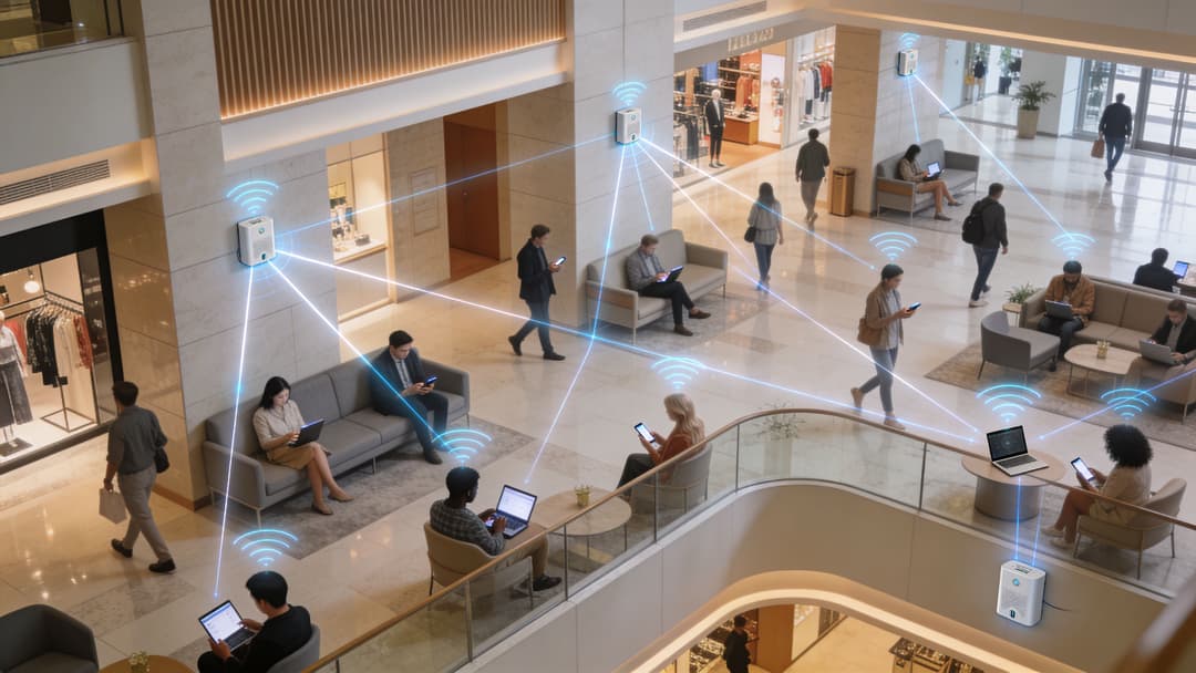 A mall setting with wireless lan devices providing network connectivity to shoppers using laptops and mobile devices.