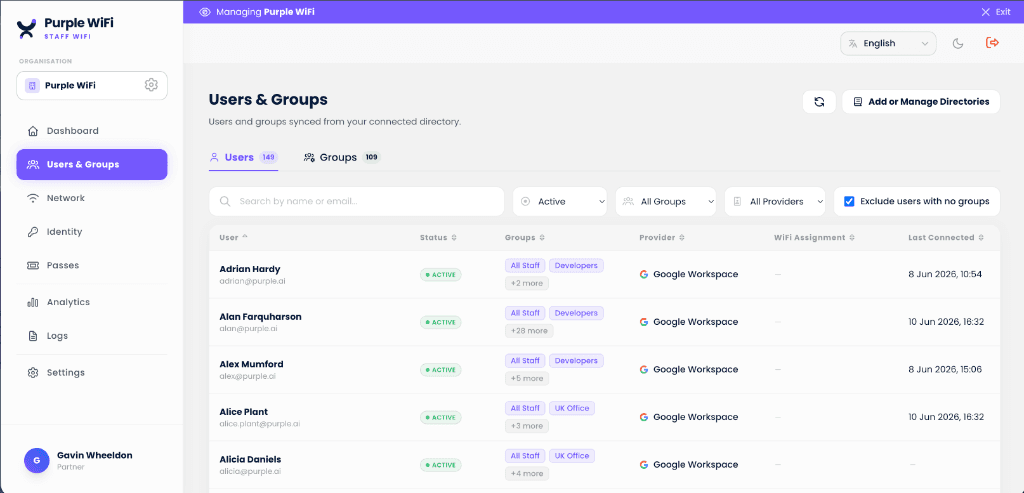 Purple staff WiFi admin dashboard: 149 synced staff, synced directory status, network hardware, and active passes