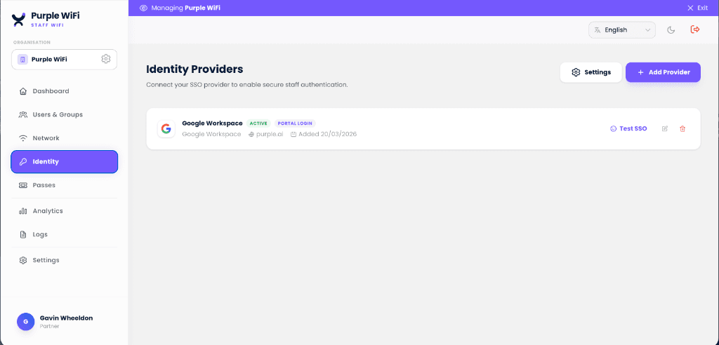 Purple staff WiFi identity providers: active SSO directory connection