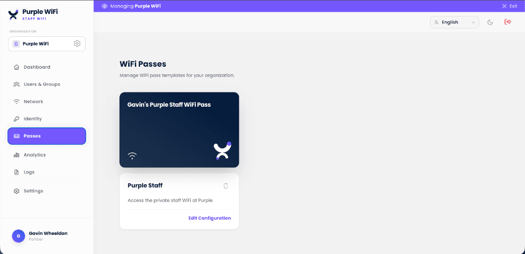 Purple staff WiFi passes: a branded WiFi pass template and its configuration
