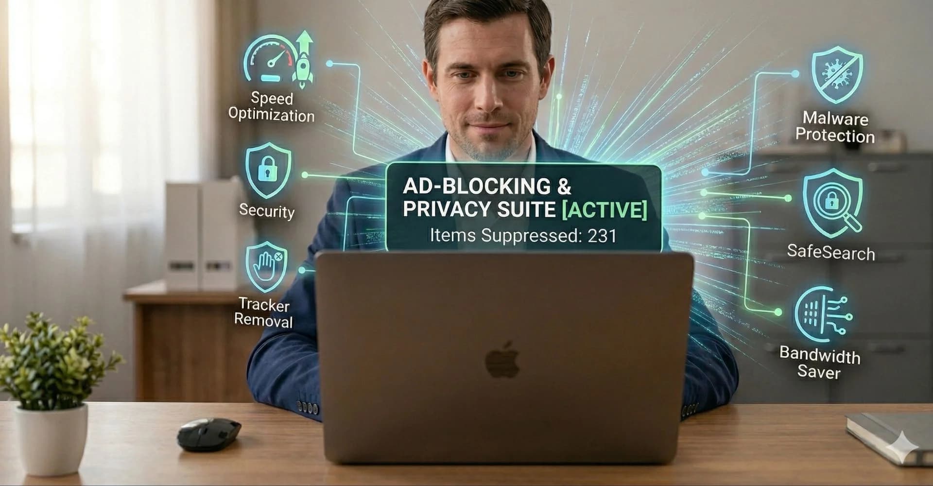 Purple Shield ad-blocking and privacy suite active on a laptop
