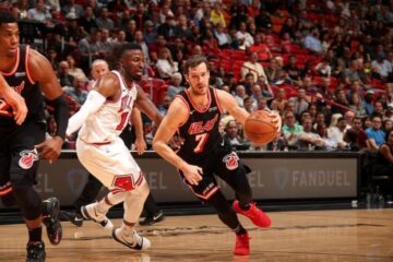 the Miami Heat drives to the basket against the Chicago Bulls