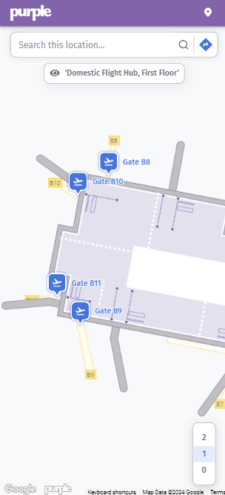 Interactive airport terminal map displaying gates B8-B11.