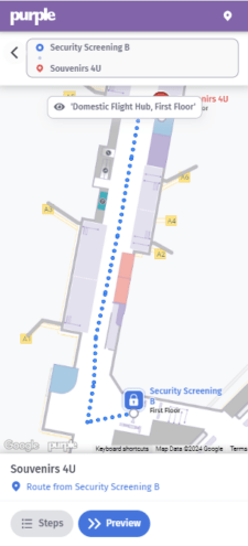 Indoor airport map showing route to security screening.